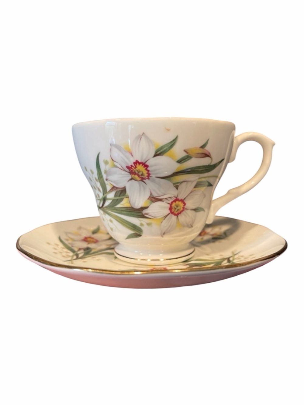 Duchess Bone China Teacup and Saucer England Gold Month of MARCH Vintage tea cup